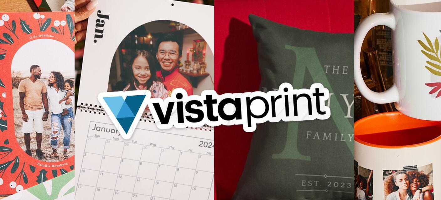 Vistaprint offers page banner - Company logo on top of photo products like a cushion and calendar