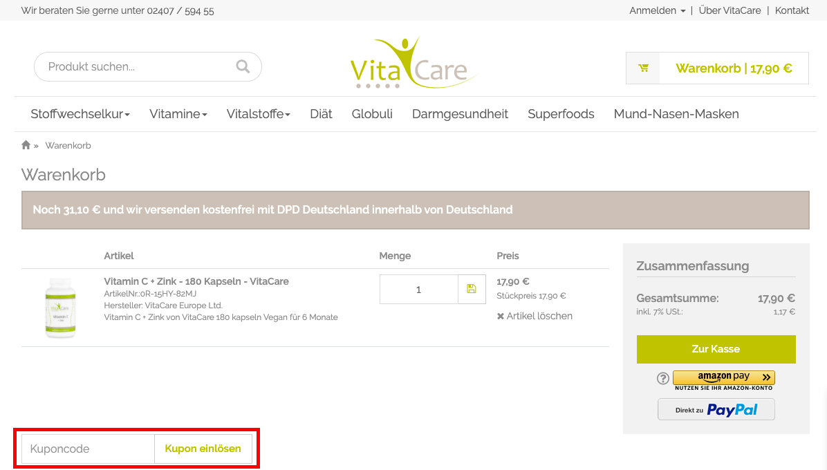 Löse deinen Vita-Care-Gutschein einfach im Warenkorb ein