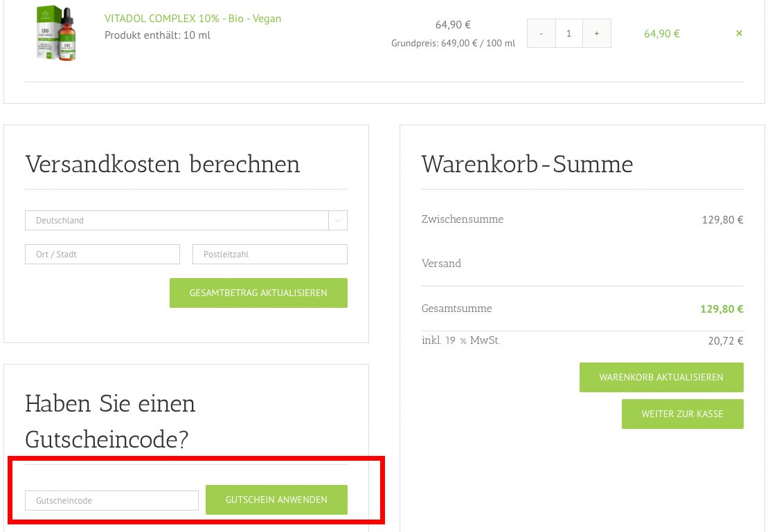 Vitadol Online-Shop mit Eingabefeld für Gutschein