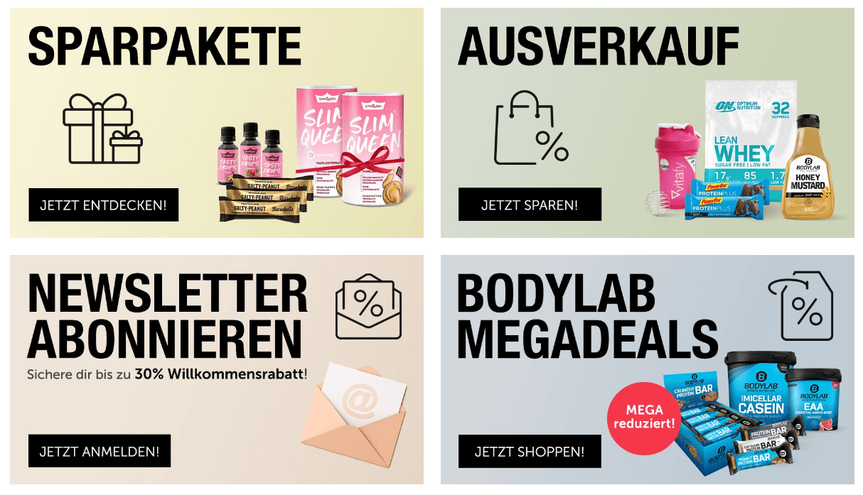 Übersicht verschiedener Vitafy-Angebote: Sparpakete, Ausverkauf, 30 % Willkommensrabatt und die Bodylab-Megadeals