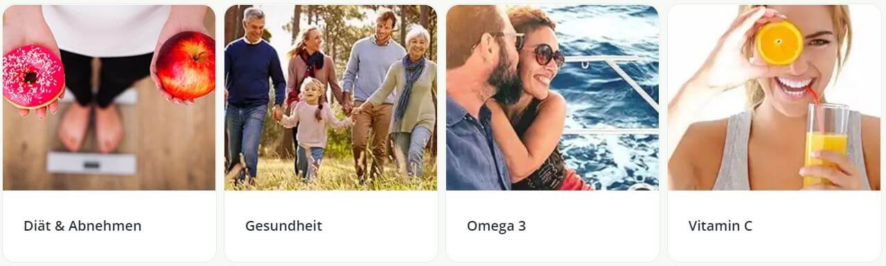 Übersicht über die Kategorien Diät & Abnehmen, Gesundheit, Omega 3 und Vitamin C aus dem VitaminExpress Angebot