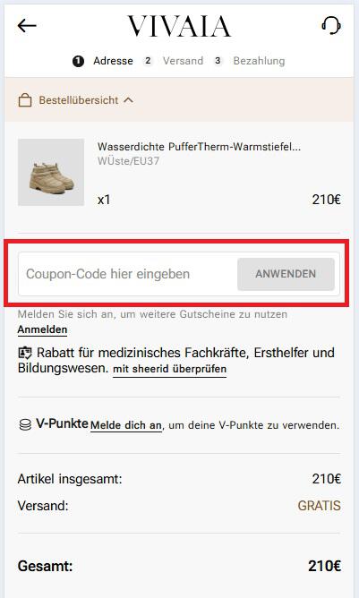 Eingabefeld für einen VIVAIA Coupon Code