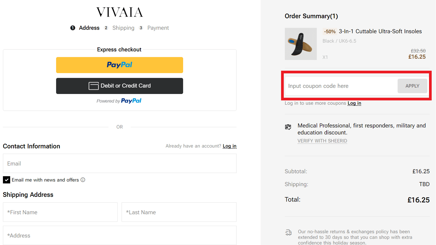 VIVAIA discount code box in shopping basket