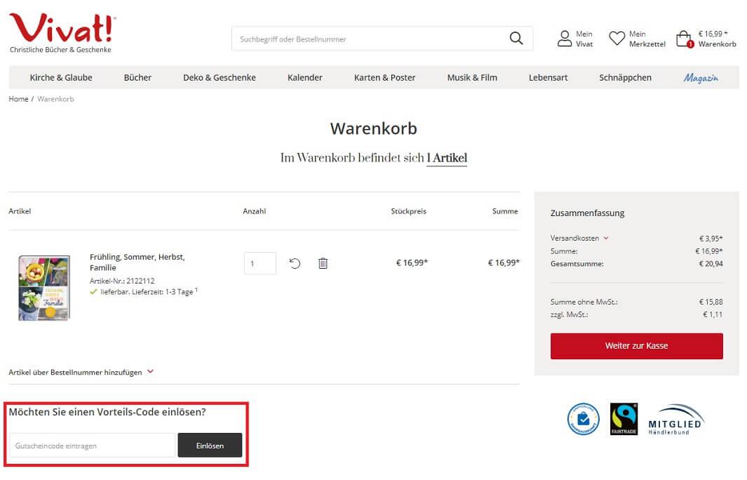 Screenshot aus dem Warenkorb mit Einlösefeld für den Vivat Gutschein