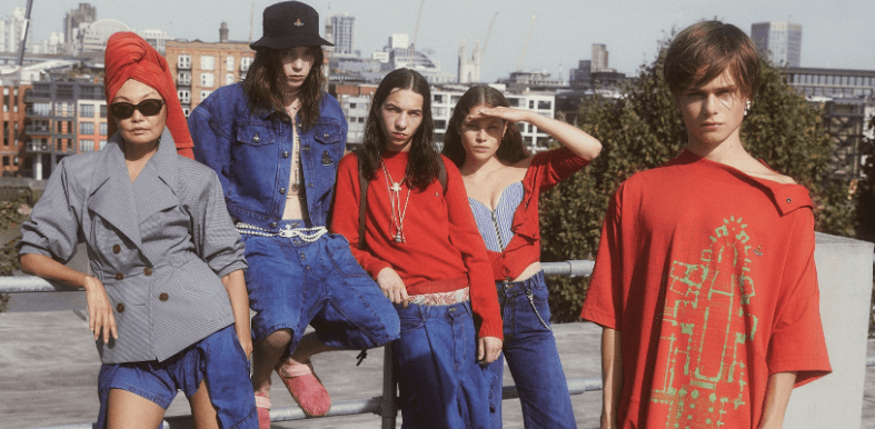 Vivienne Westwood offers page banner. Image shows a group of men and woman wearing designer clothing in red, blue and grey colours on a roof top
