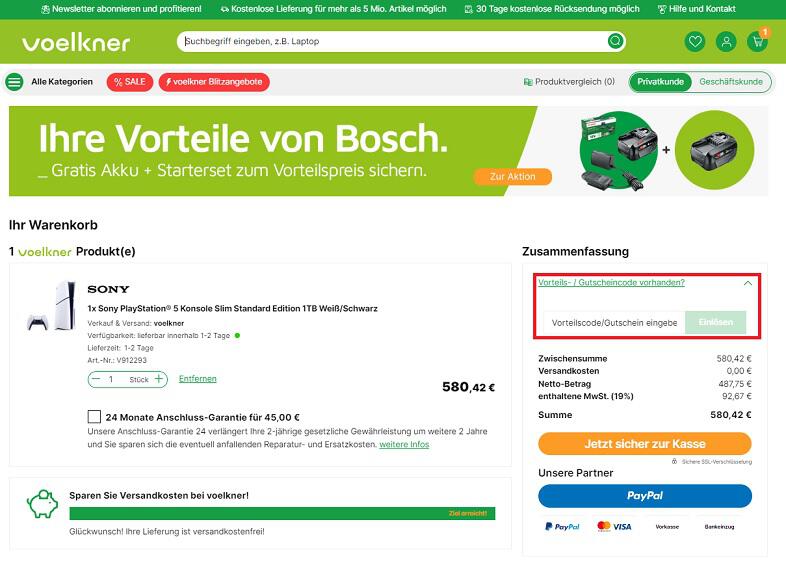 Warenkorb-Screenshot mit Eingabefeld für Voelkner Gutschein