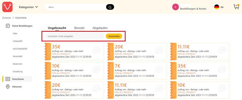 Screenshot aus dem Kundenkonto mit Hinweis darauf, wo du den Voghion Gutschein einlösen kannst