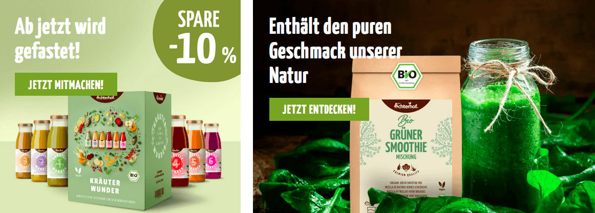 Shoppe Saftkuren und grüne Smoothies zum Schnäppchenpreis bei vom Achterhof im Online-Shop