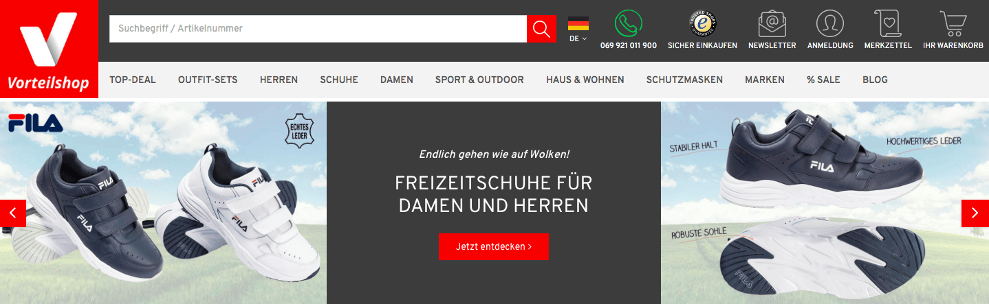 Startseite des Vorteilshop Online-Shops mit Fila Sportschuhen im Angebot