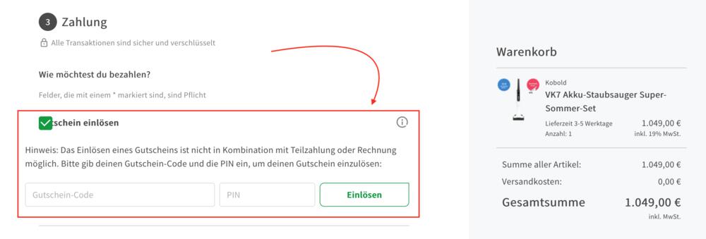 Warenkorb-Screenshot mit Eingabefeld für deinen Vorwerk Gutschein