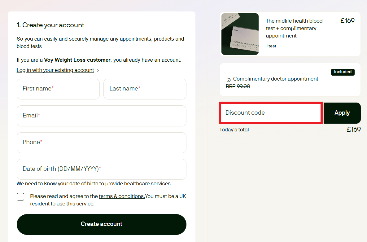 Voy discount code box during checkout picture