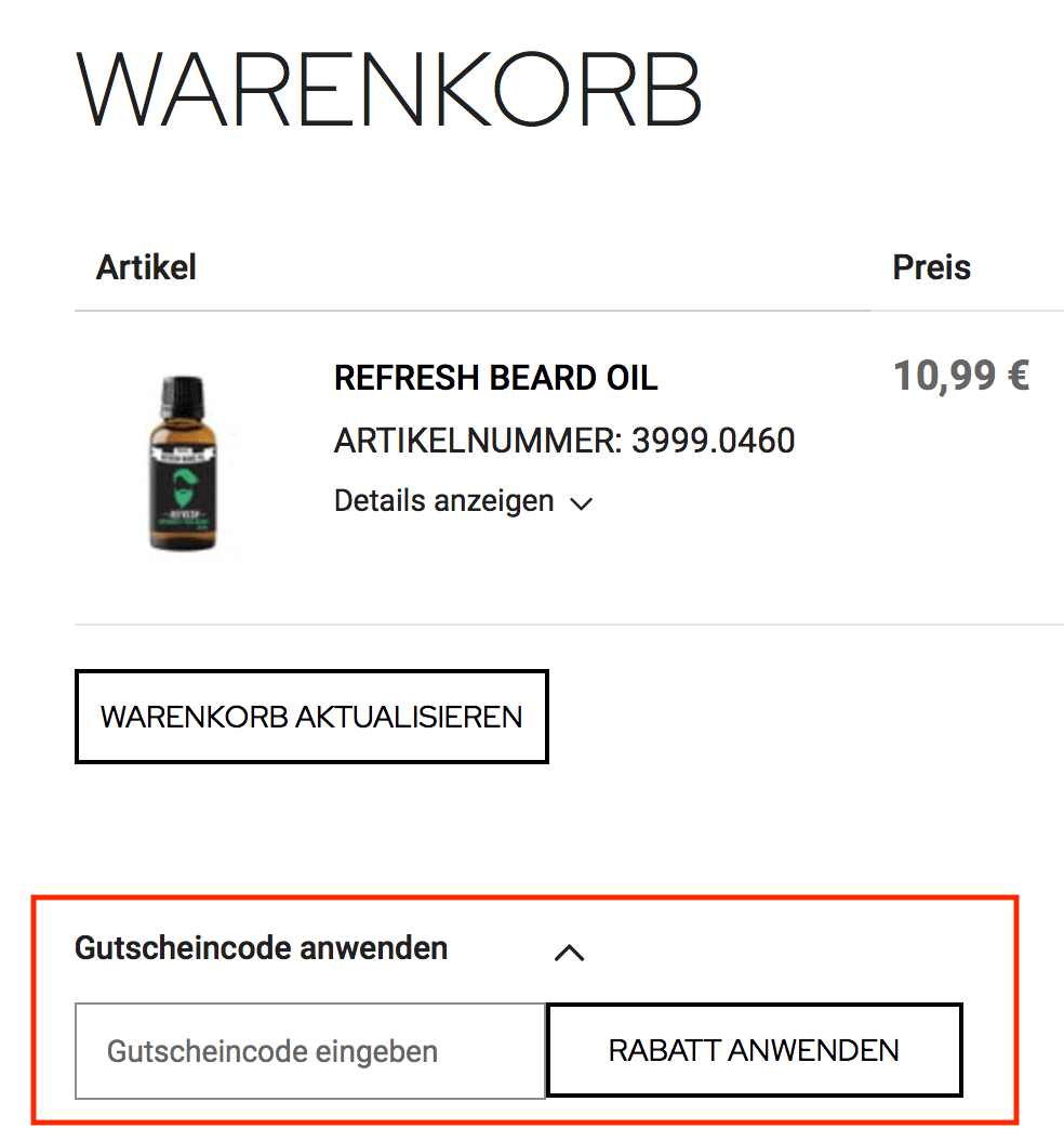 Eingabefeld für den WAHL Gutscheincode im Warenkorb