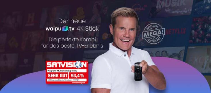 Banner für die waipu.tv Gutscheinseite: Dieter Bohlen bewirbt den waipu.tv 4k Stick mit Hinweis auf "die perfekte Kombi für das beste TV Erlebnis".