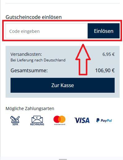 Screenshot vom Warenkorb mit Eingabefeld zum Walbusch Gutschein einlösen
