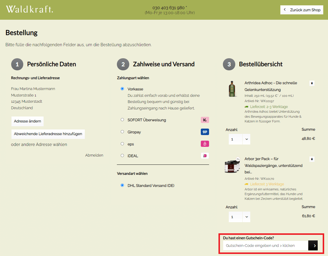 Screenshot vom Eingabefeld, in dem du einen Waldkraft-Gutschein eingeben kannst