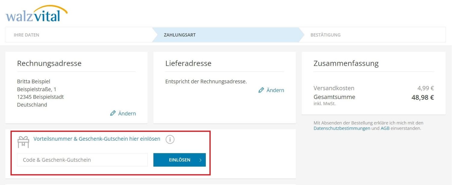 Im Bestellschritt „Zahlungsart“ kannst du einen Walzvital-Gutschein einlösen