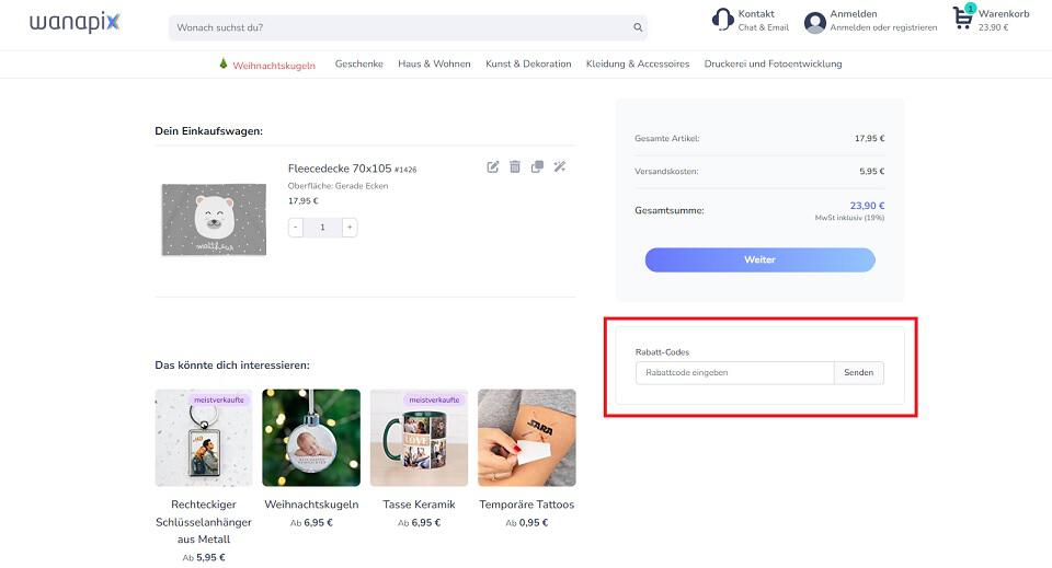 img: wanapix-gutschein-einloesen / alt: Screenshot aus dem Warenkorb mit Hinweis darauf, wo du den Wanapix Gutschein einlösen kannst.