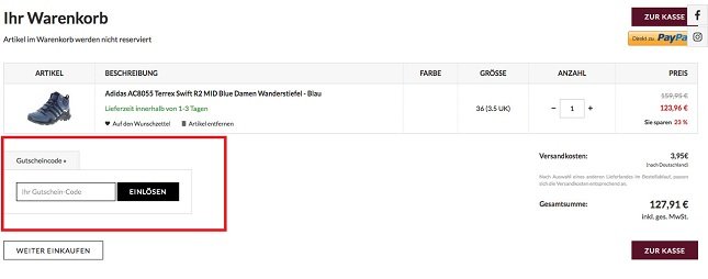Eingabefeld für den Wanderschuhe.net-Gutscheine