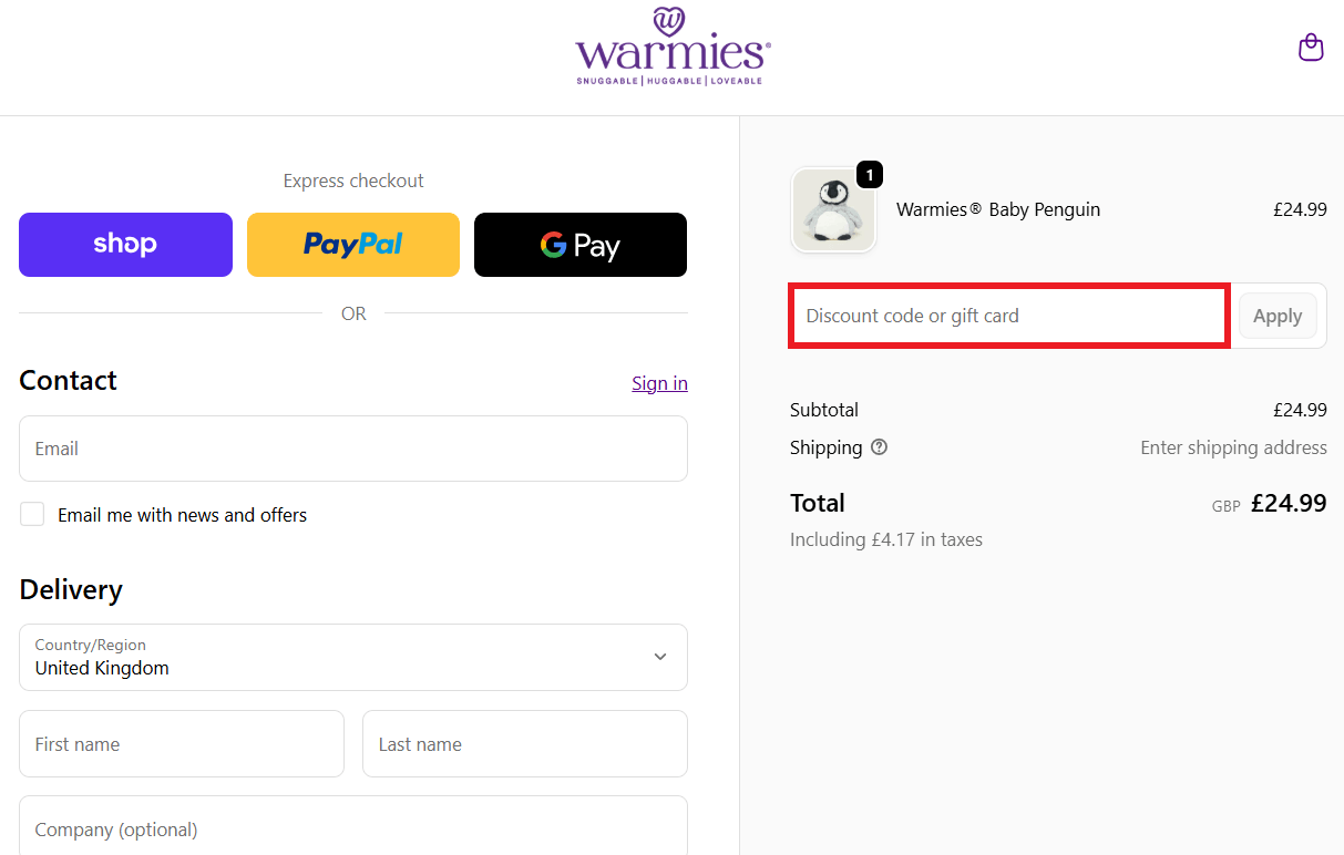 Warmies discount code box in the shopping cart image
