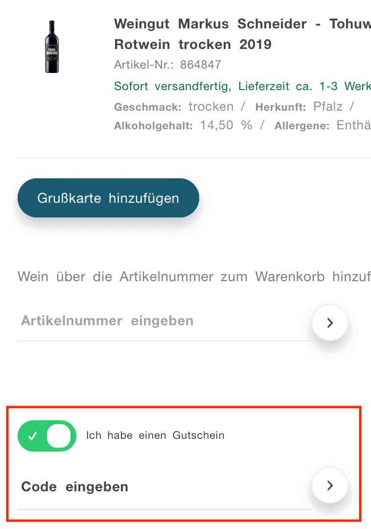 Eingabefeld für den Wasgau Weinshop Gutschein im Warenkorb