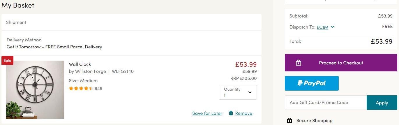Wayfair discount code application box at the checkout