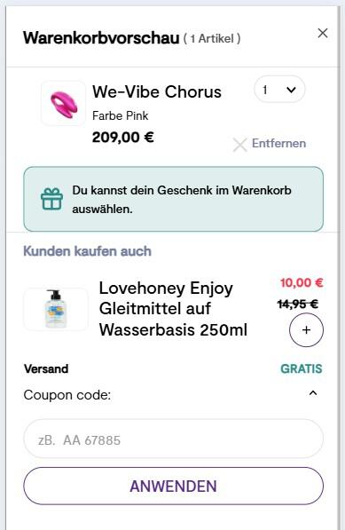 Screenshot vom Eingabefeld zum We Vibe Gutschein einlösen im Warenkorb