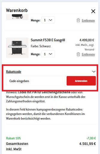 Eingabefeld für einen Weber Gutschein im Warenkorb