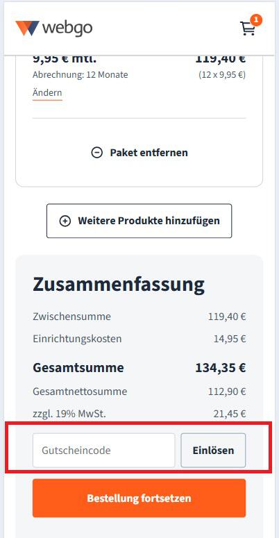 Eingabefeld für einen webgo Gutscheincode