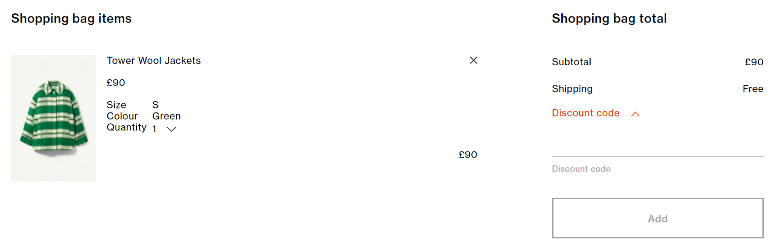 Screenshot of the Weekday discount code box at the checkout on the brand website