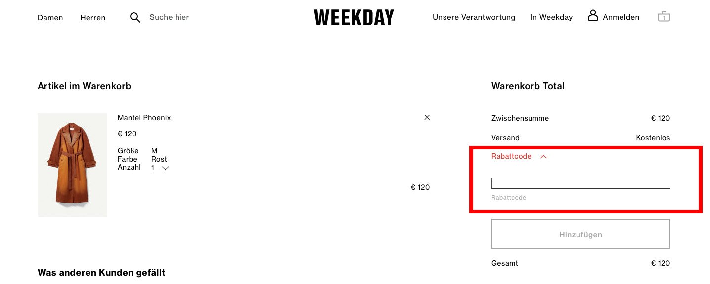 Eingabefeld für den Weekday-Rabattcode im Warenkorb des Online-Shops