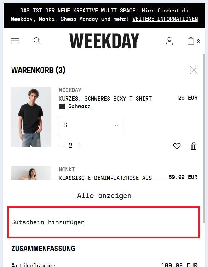 Screenshot des Warenkorbs mit Option, den Weekday Rabattcode einzulösen