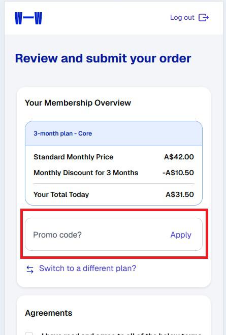 Screenshot of Weight Watchers promo code box