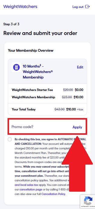 WeightWatchers promo code box