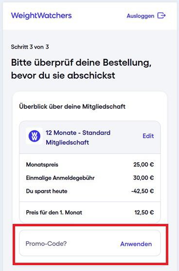 Screenshot vom Eingabefeld für einen WeightWatchers Rabattcode