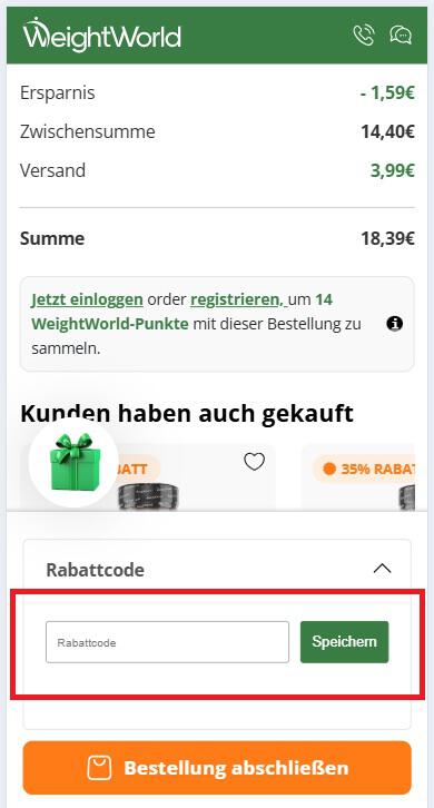Screenshot von der Warenkorbansicht mit Eingabefeld für WeightWorld Rabattcode