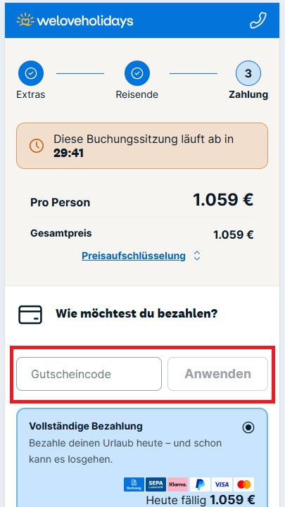Eingabefeld für den weloveholidays Gutschein im Warenkorb