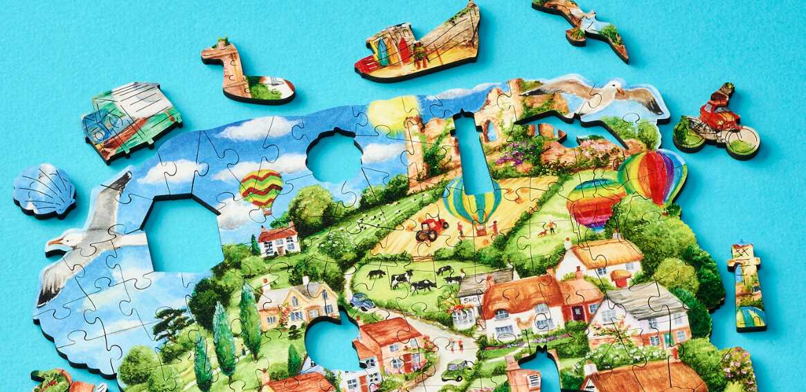 Wentworth Wooden Puzzles how to save banner featuring a countryside puzzle with gaps against a blue backdrop