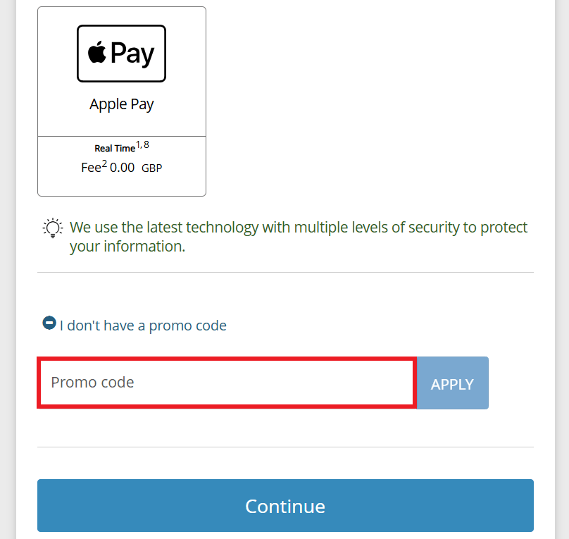 Western Union discount code section during checkout