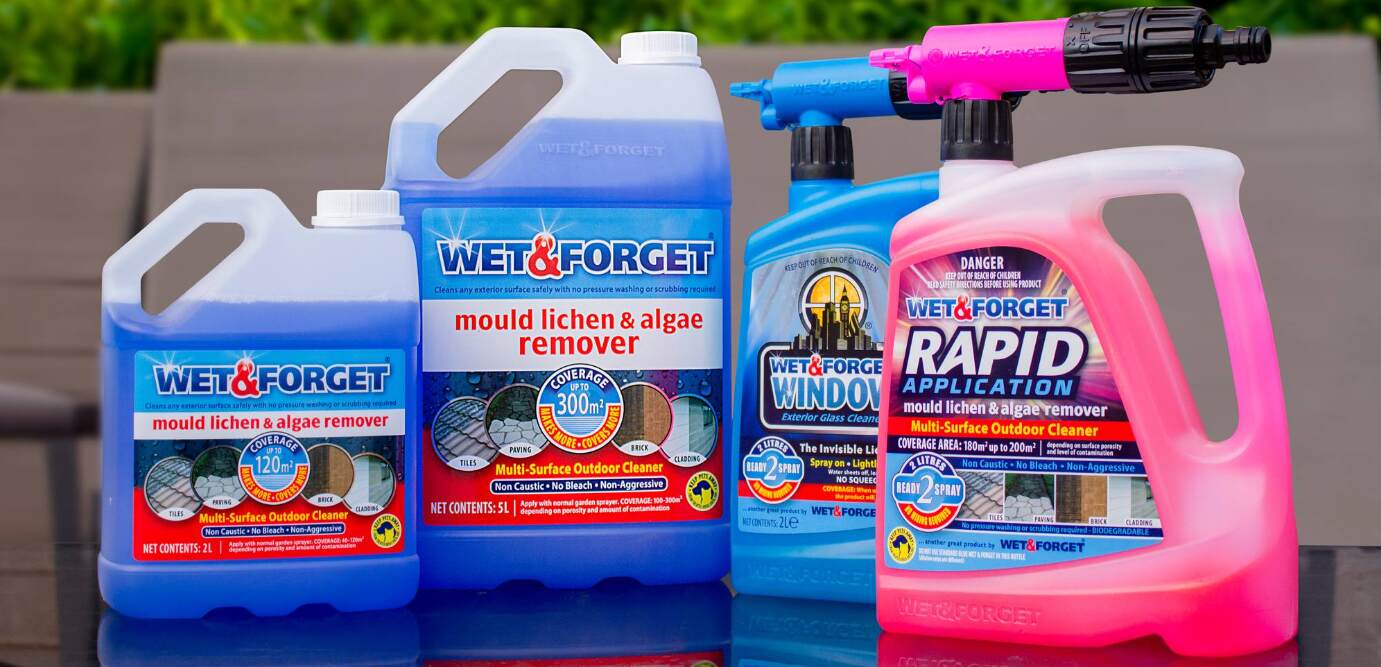 Wet & Forget deals banner showing branded cleaning solution products on an outside table