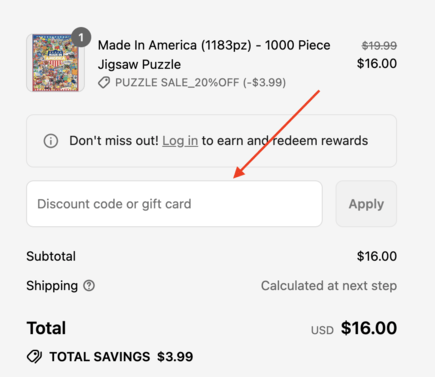 White Mountain Puzzles coupon box at checkout
