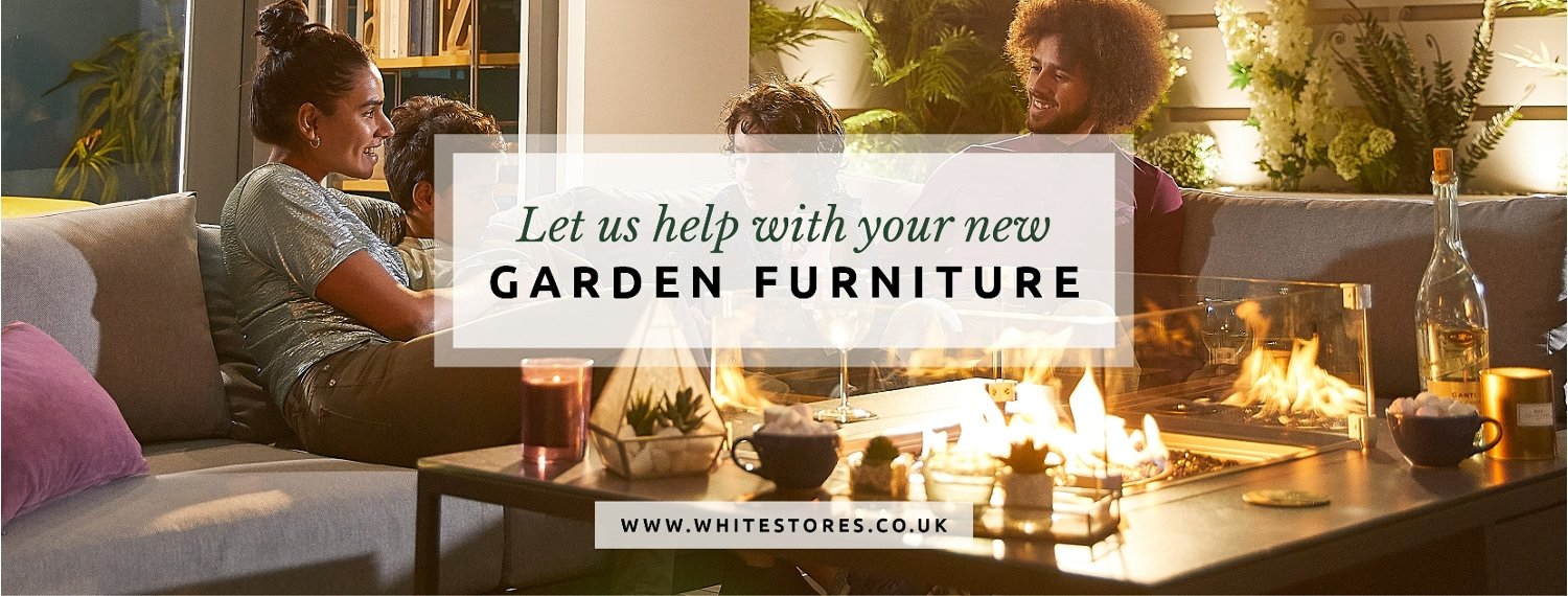 White Stores banner - family using garden furniture