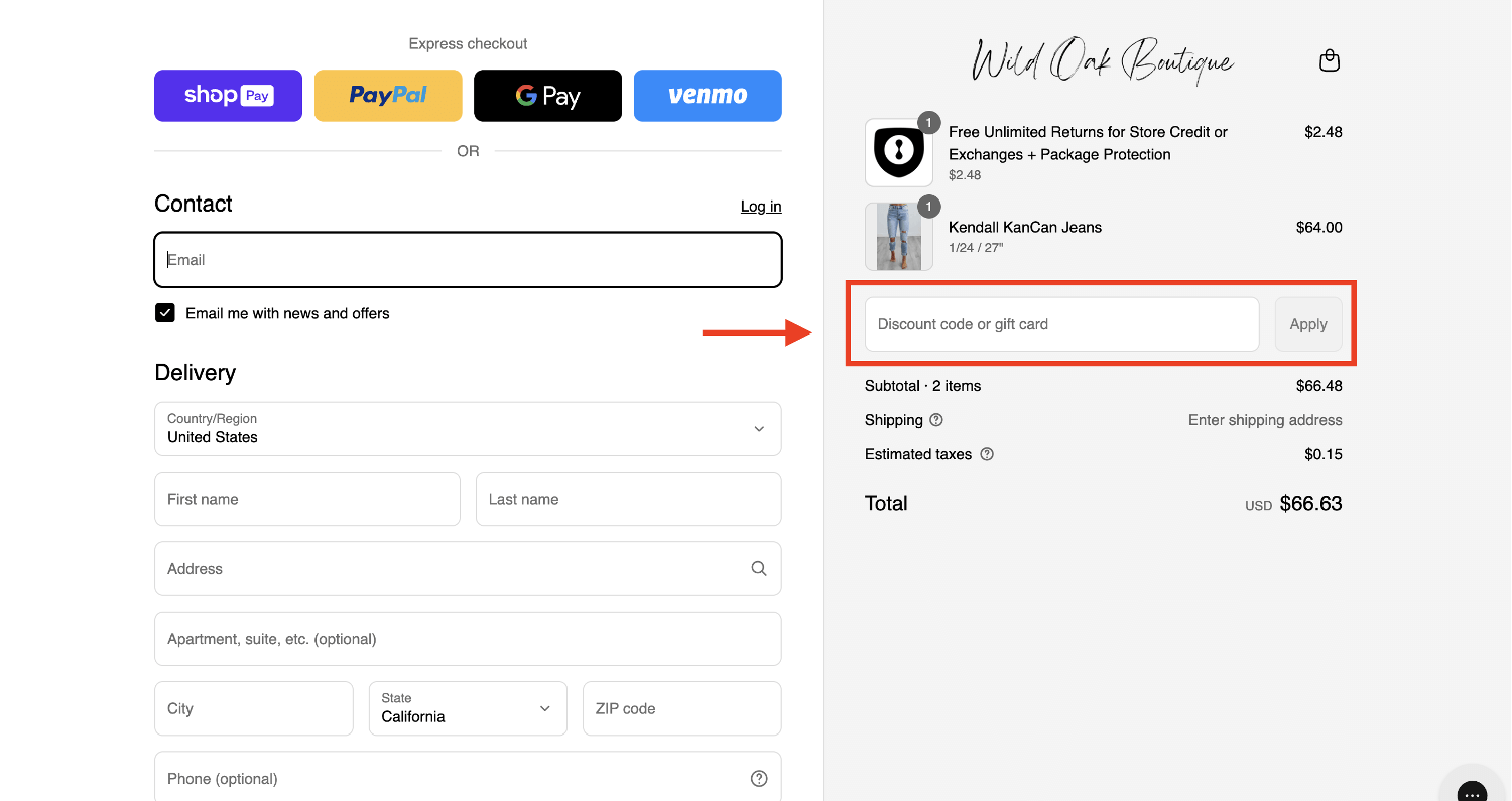 Wild Oak Boutique coupon box on checkout page