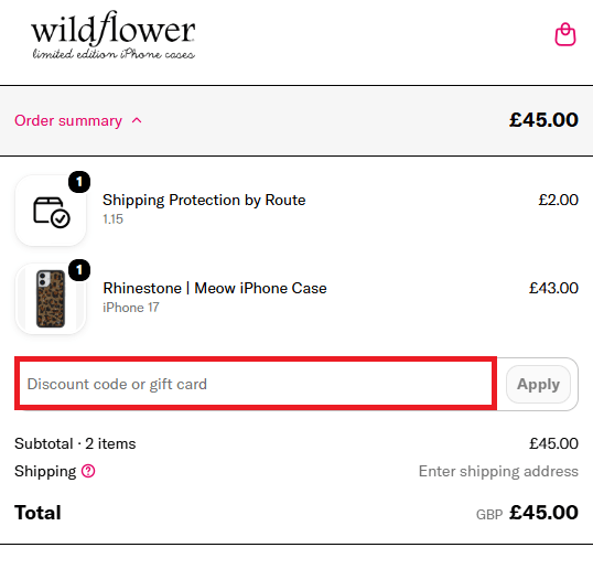 Wildflower Cases discount code box in shopping bag image