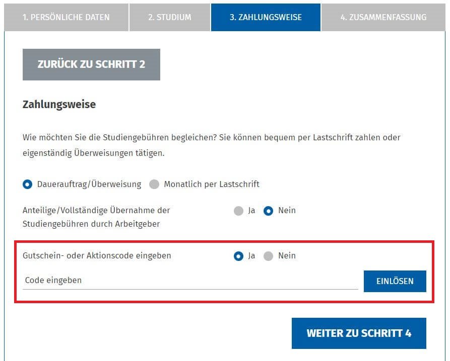 Im dritten Anmeldeschritt kannst du einen Wilhelm-Büchner-Hochschule-Gutschein einlösen