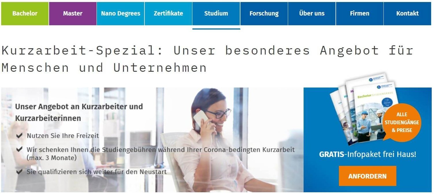 Startseite der Fernhochschule mit Angebot für Wilhelm-Büchner-Hochschule-Rabatt für Menschen in Kurzarbeit