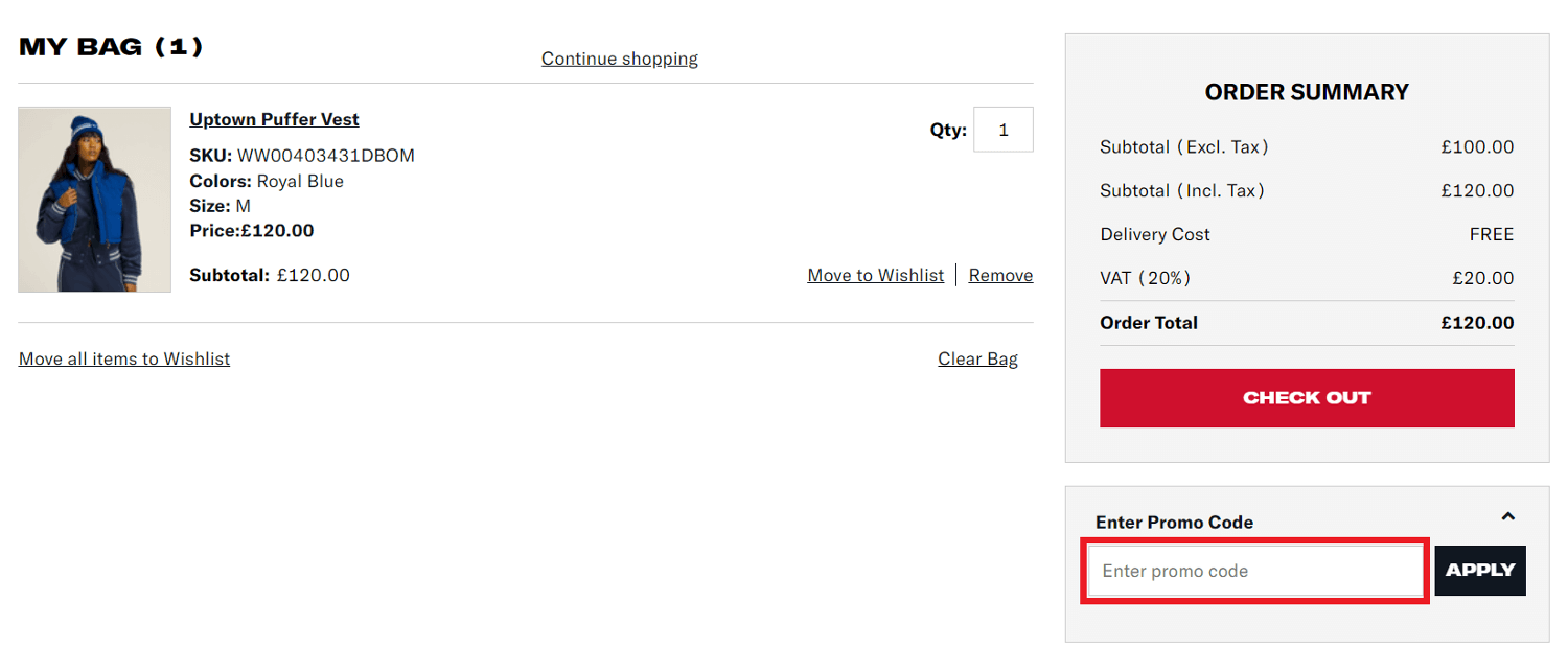 Wilson discount code box in shopping cart