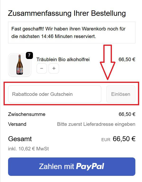 Screenshot-Ansicht, um einen Wine in Black Gutschein einzulösen