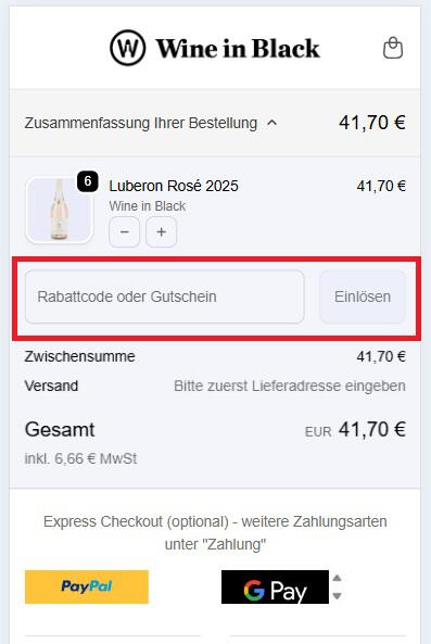 Screenshot vom Eingabefeld für den Wine in Black Rabattcode