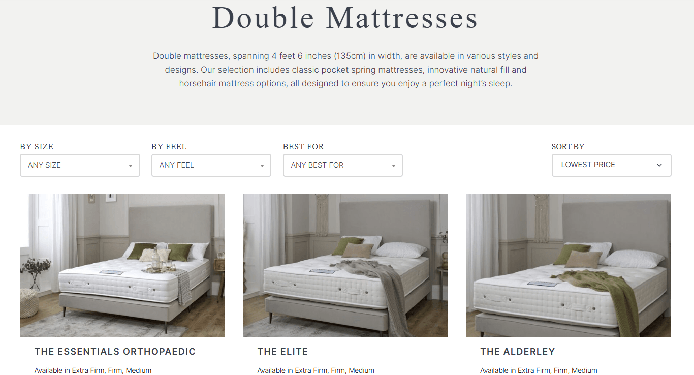 Selection of Winstons mattresses on the Winstons website: double mattresses in Essential, Elite, and Alderley types
