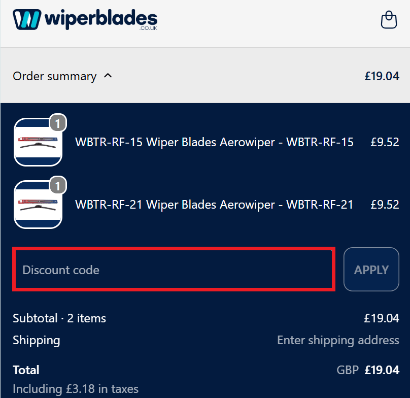 Wiper Blades discount code box on the checkout page image